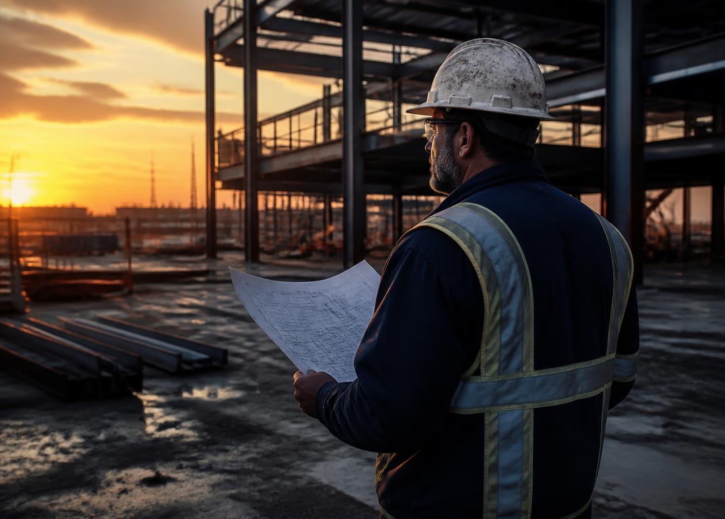 Site superintendent reviewing plans at a steel-framed construction project