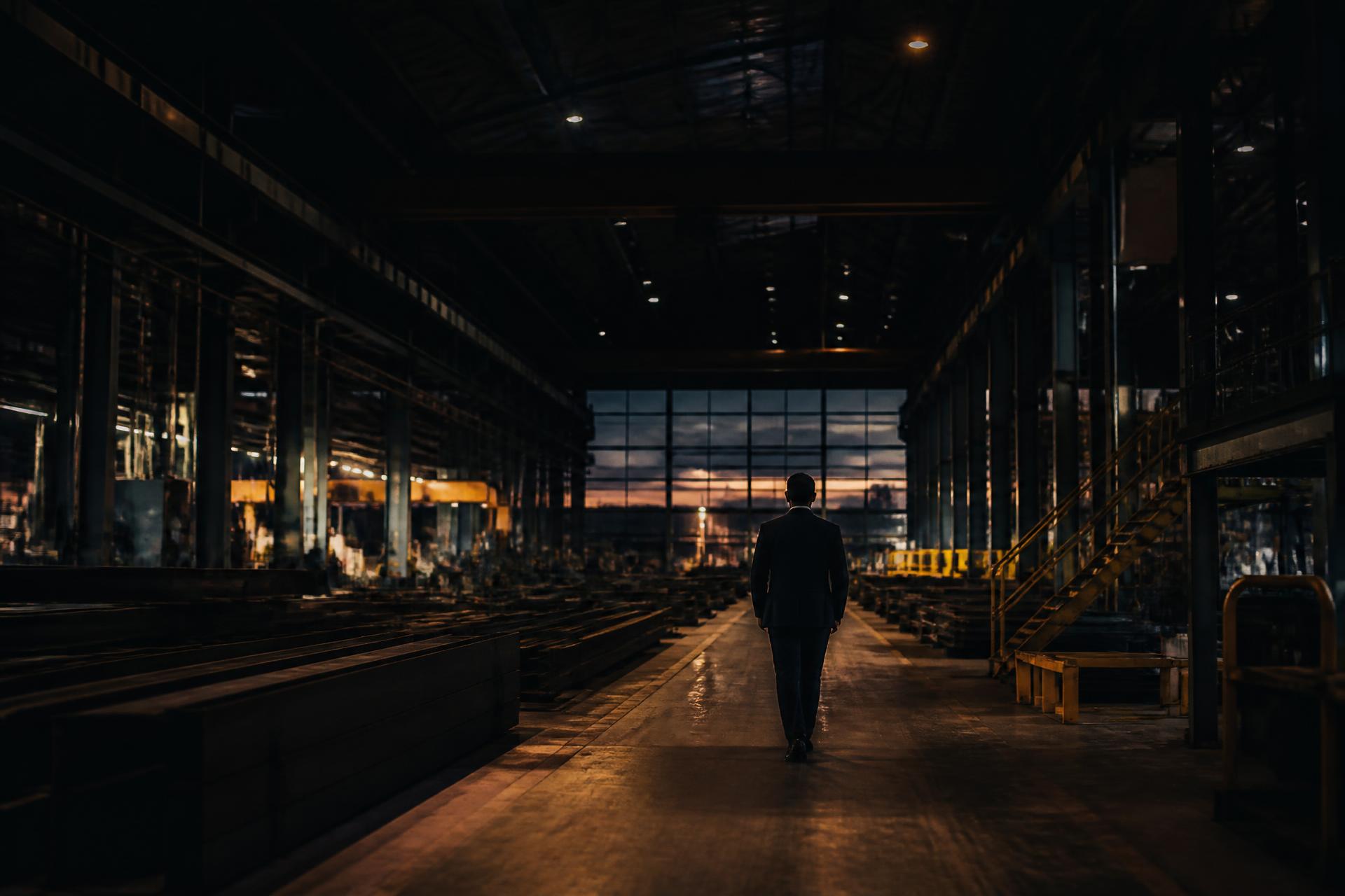 Interior of a privately owned manufacturing plant at dusk
