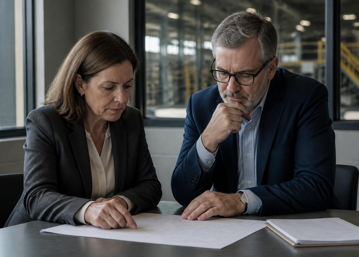 Two experienced executives reviewing operational documents in a plant office