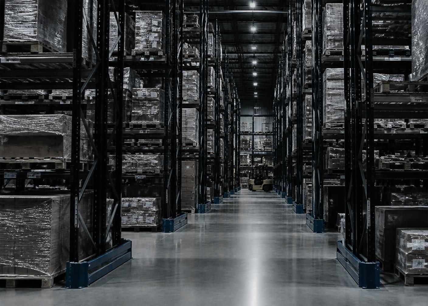 Distribution warehouse aisle with racking and palletized inventory
